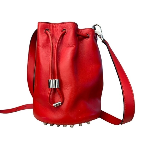 Alexander Wang Alpha Red Leather Bucket Bag Silver stud Designer Purse One Size - Picture 2 of 16